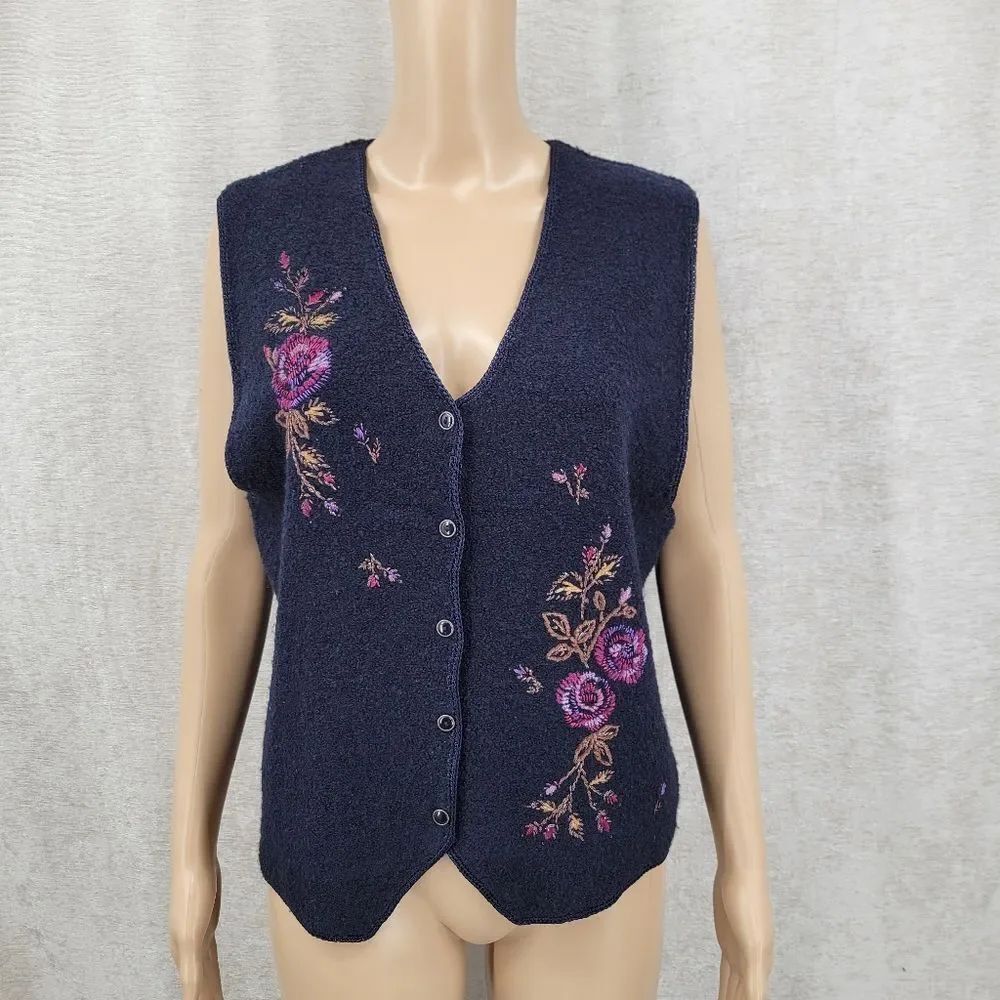 Koret Navy Button-Front Floral Embroidered Sweater Vest Wool Blend Y2K